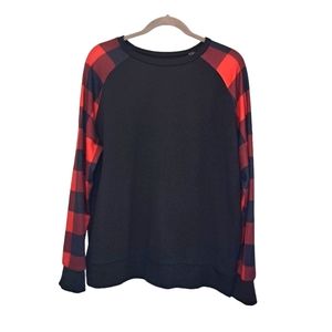 Black Long Sleeved Tee with Red Buffalo Check Sleeves Plaid Size XL